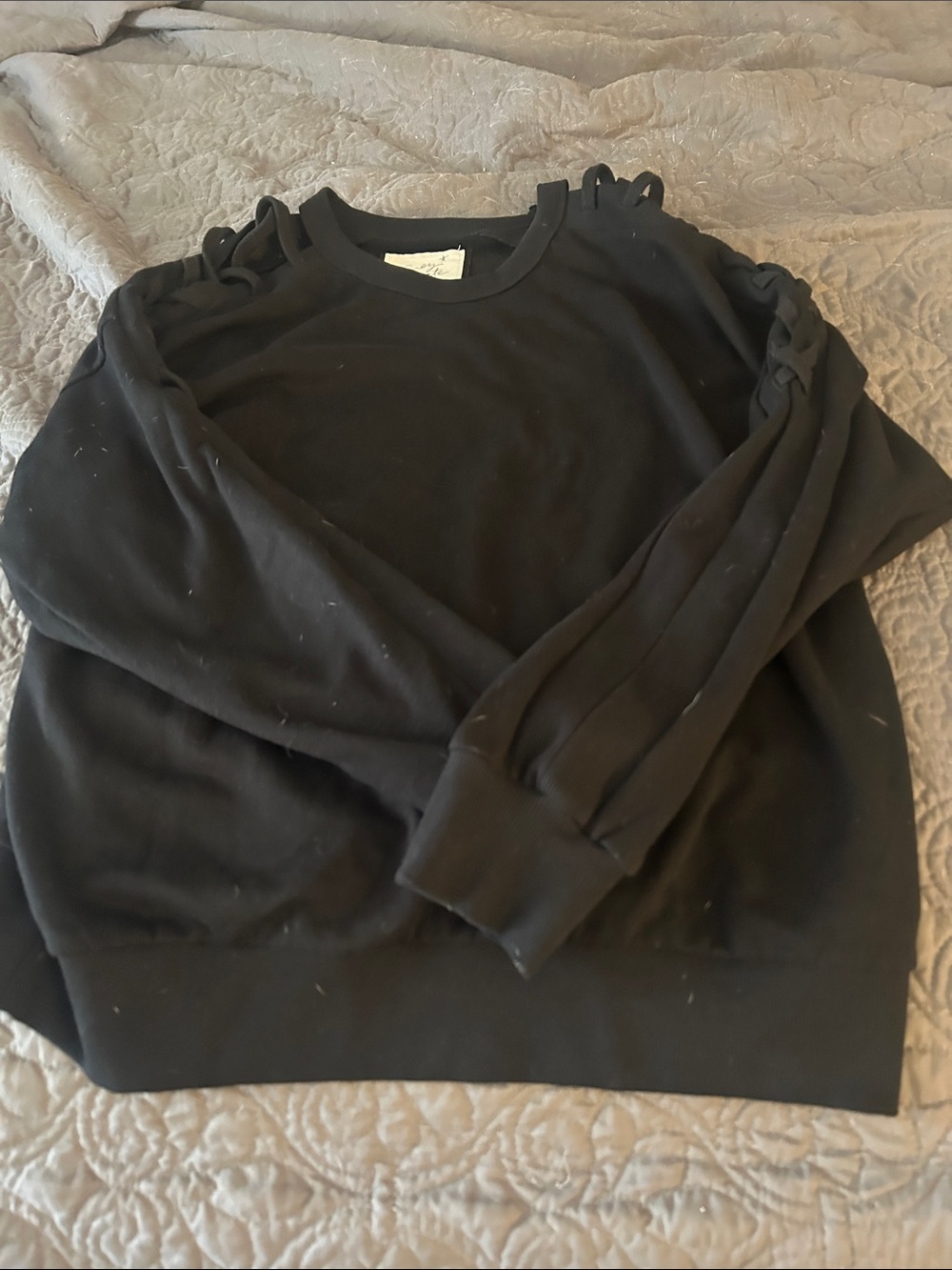 Grey State Black Crewneck Sweater with Shoulder Loop Detail going down